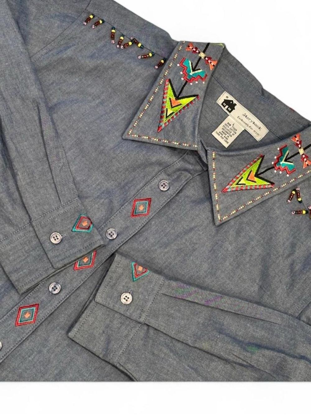 Vintage 90s Southwestern Embroidered Denim Shirt Beaded Western Boho Top Large